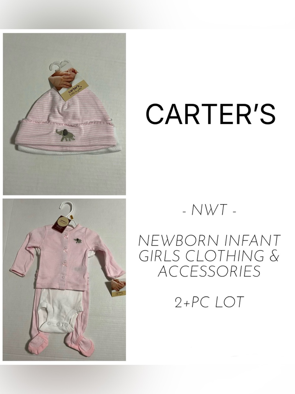 CARTER’S - NB - NWT - 2+PCS - INFANT GIRLS ELEPHANT CLOTHING & ACCESSORIES LOT